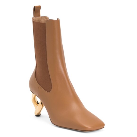 J.W. ANDERSON Tan Made In Italy Leather Ankle Booties With Chain Heel - Picture 1 of 2